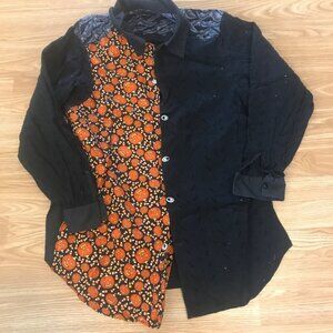 Halloween Pumpkin, Candy Corn, Bats Button-Up Shirt Handmade Size L